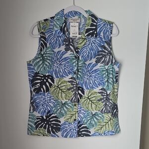 Sleeveless Blue And Green Monstera Blouse